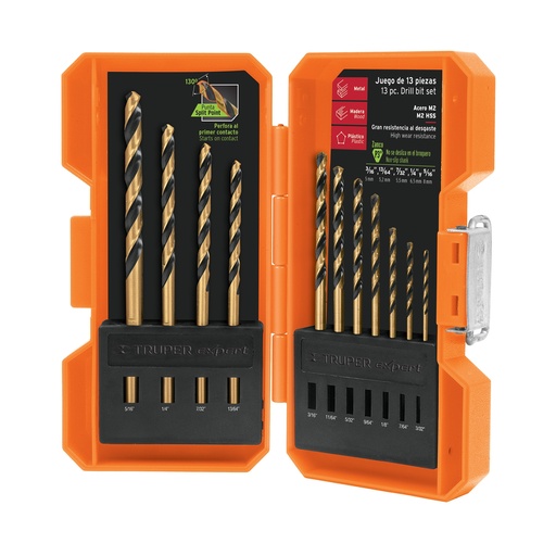 [BRO-TRU-11402] JGO. DE BROCAS 13 PZAS DE 3/16" A 5/16" HSS P/ACERO MOD. JBAV-13 REF. 11402 MARCA TRUPER