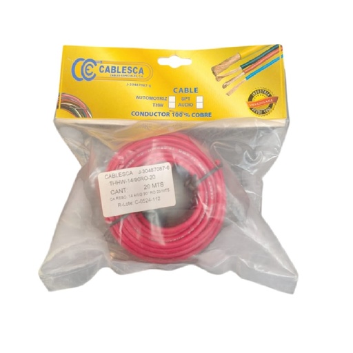 [CAB-CAB-14.90.20RO] CABLE THHW NRO. 14 AWG 90°C 600V / COLOR ROJO ROLLITO 20 MTS MARCA CABLESCA