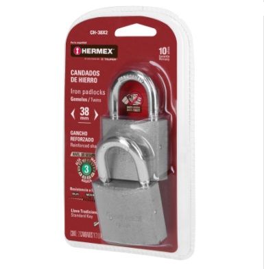 [CAN-HER-43321] CANDADO PLANO HIERRO 38 MM BLISTER 2 PZAS MOD. CH-38X2 REF. 43321 MARCA HERMEX