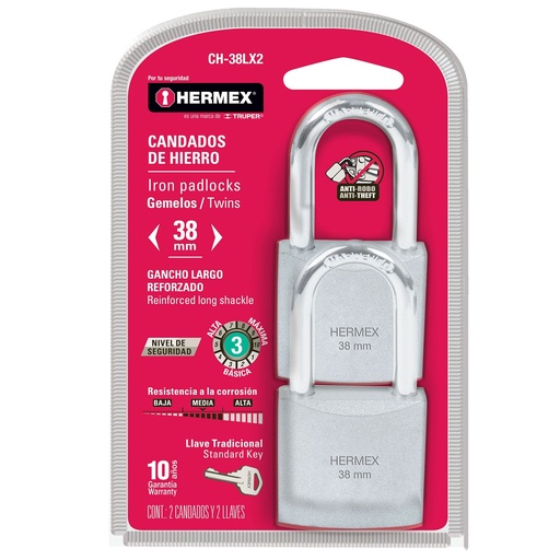 [CAN-HER-43329] CANDADO PLANO HIERRO 38 MM ARCO LARGO BLISTER 2 PZAS MOD. CH-38LX2 REF. 43329 MARCA HERMEX