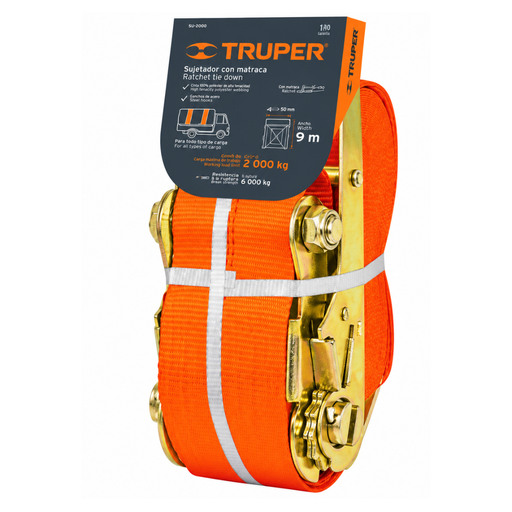 [COR-TRU-10314] CORREA AMARRE ANCHA 4"X9 MTS (CINCHO) C/RATCHET P/2000 KG MAX 6000 KG SU-6000 REF.10314 MARCA TRUPER