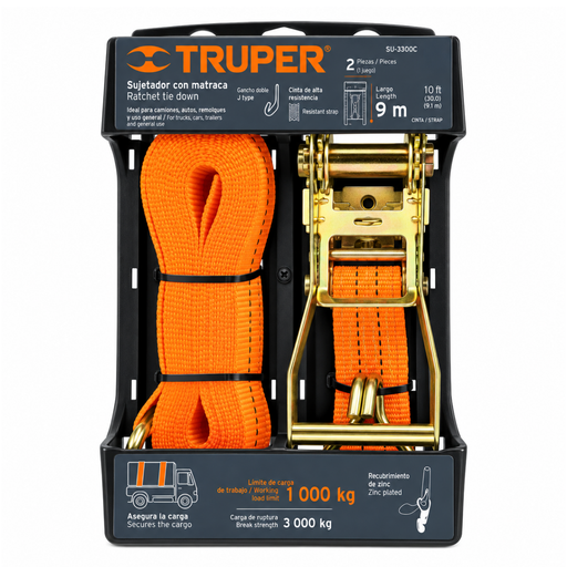 [COR-TRU-19286] CORREA AMARRE CON RATCHET ( CINCHO ) DE 9 MTS HASTA 3000 KG MOD SU-3000C REF. 19286 MARCA TRUPER