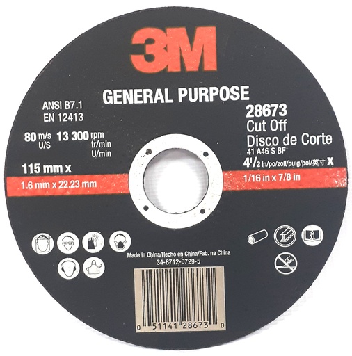 [DIS-3M-28672] DISCO DE CORTE ULTRAFINO MULTIPROPOSITO 4 1/2" X 3/64" REF. 28672 MARCA 3M