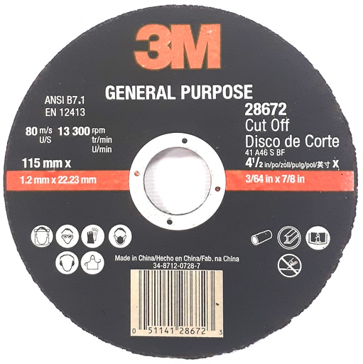[DIS-3M-28673] DISCO DE CORTE FINO MULTIPROPOSITO 4 1/2" X 1/16" REF. 28673 MARCA 3M