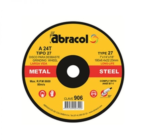 [DIS-ABR-DDESB-7] DISCO PARA DESBASTE DE 7" X 1/4" X 7/8" UNIDAD REF. 906 COD-003400 MARCA ABRACOL