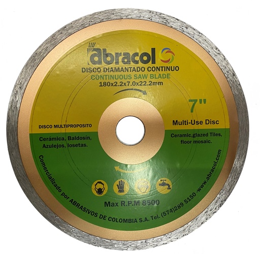 [DIS-ABRA-DDIAMT-7CM] DISCO DE CORTE DIAMANTADO CONTINUO 7" X 2.2 MM X 7 MM REF.DDIAMT-7CM COD. 828621 MARCA ABRACOL