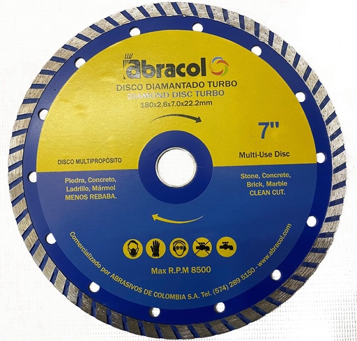[DIS-ABRA-DDIAMT-7TM] DISCO DE CORTE DIAMANTADO TURBO 7" X 2.6 MM X 7 MM REF.DDIAMT-7TM COD. 021664 MARCA ABRACOL