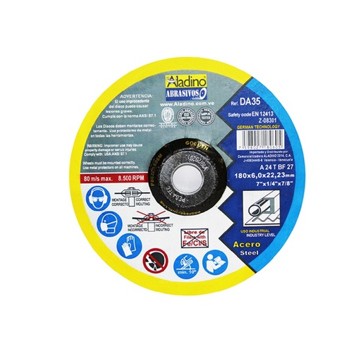 [DIS-ALA-DA35] DISCO DE DESBASTE 7" X 1/4" X 7/8" SPEED 8.500 RPM REF. DA35 / 180605 MARCA ALADINO