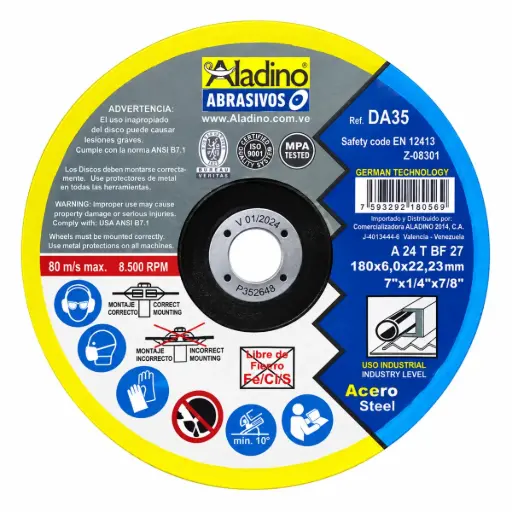 [DIS-ALA-DA35] DISCO DE DESBASTE 7" X 1/4" X 7/8" SPEED 8.500 RPM REF. DA35 / 180605 MARCA ALADINO