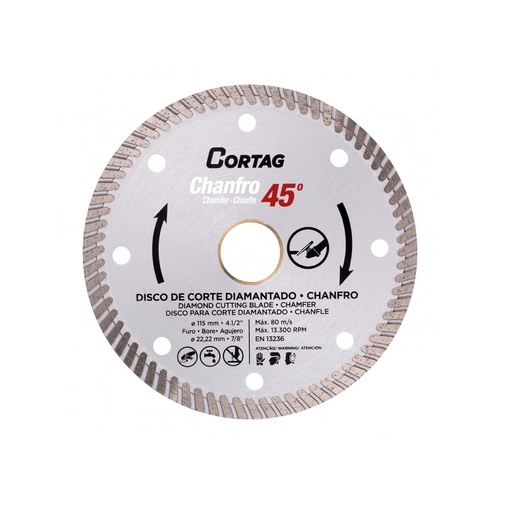 [DIS-COR-61907] DISCO DE DIAMANTE CORTE TURBO CHANFRO 45° 4 1/2" 115 X 22.22MM P/CERAMICA-PORC. REF.61907 / 419078 CORTAG RT