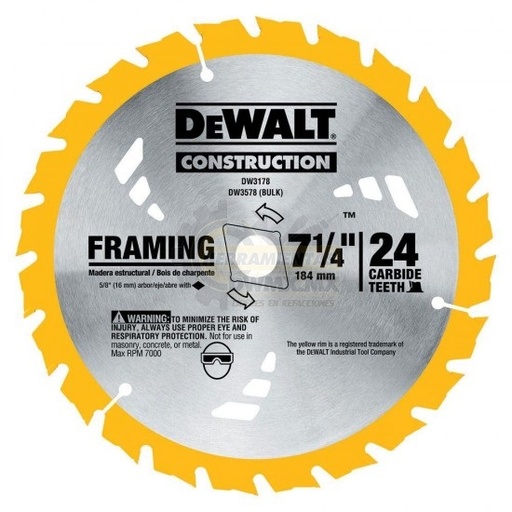 [DIS-DEW-DW3178] DISCO DE SIERRA CIRCULAR 7 1/4" 24 DIENTES REF. DW3178 MARCA DEWALT