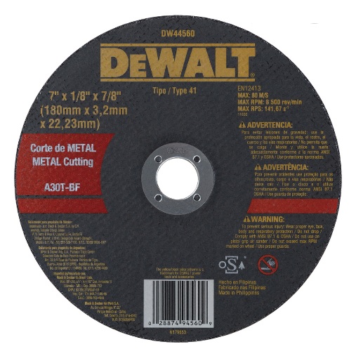 [DIS-DEW-DW44560] DISCO ABRAS. C/METAL 7" X 1/8" X 7/8" ( 180 X 3.20 X 22, 23 MM) PLANO REF. DW44560 / DIS-712 DEWALT