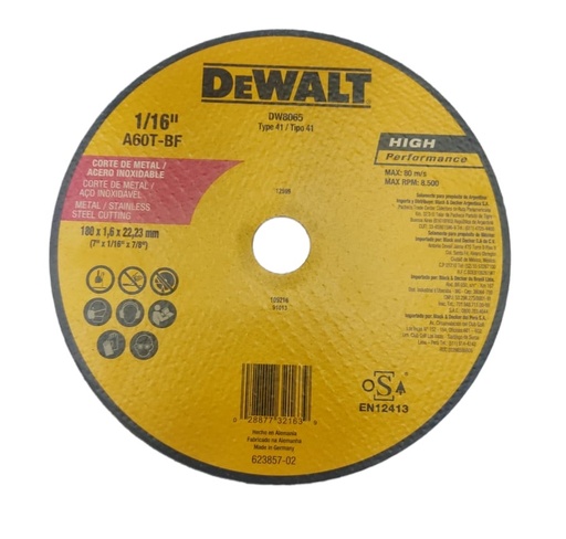 [DIS-DEW-DW8065] DISCO ABRAS. CORTE METAL 7" X 1/16" X 7/8" (180 X 1.60 X 22,23 MM) PLANO REF DW8065 / DIS-708 DEWALT
