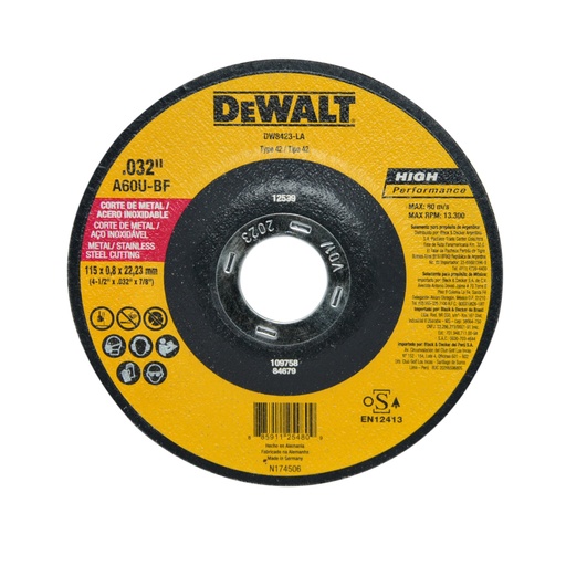 [DIS-DEW-DW8423-LA] DISCO DE CORTE ULTRA FINO 4 1/2" X 0.032" X 7/8" REF. DW8423-LA MARCA DEWALT
