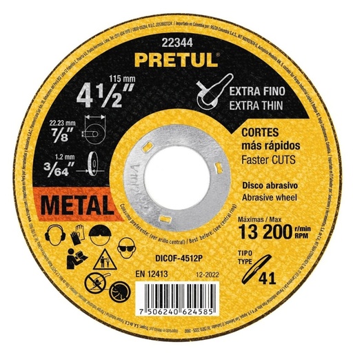 [DIS-PRE-22344] DISCO C/METAL 4 1/2" X 3/64" X 7/8" MOD. DICOF-4512P REF. 22344 MARCA PRETUL
