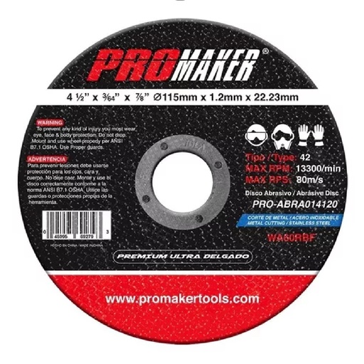 [DIS-PRO-ABRA014120] DISCO DE CORTE METAL FINO 4 1/2" X 3/64" X 7/8" REF. ABRA014120 COD. 692793 MARCA PROMAKER