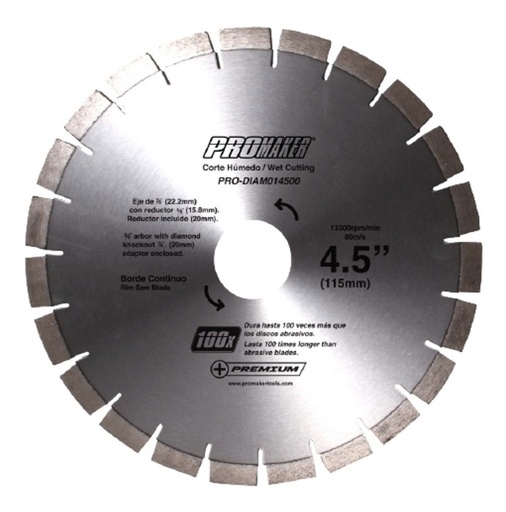 [DIS-PRO-DIAM14500] DISCO DE DIAMANTE CORTE "CONTINUO" 4 1/2" X 7/8" A 5/8" REF.PRO-DIAM14500 MARCA PROMAKER
