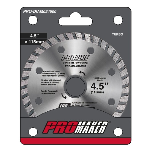 [DIS-PRO-DIAM24500] DISCO DE DIAMANTE CORTE "RANURADO" 4 1/2" X 7/8" A 5/8" REF.PRO-DIAM24500 MARCA PROMAKER