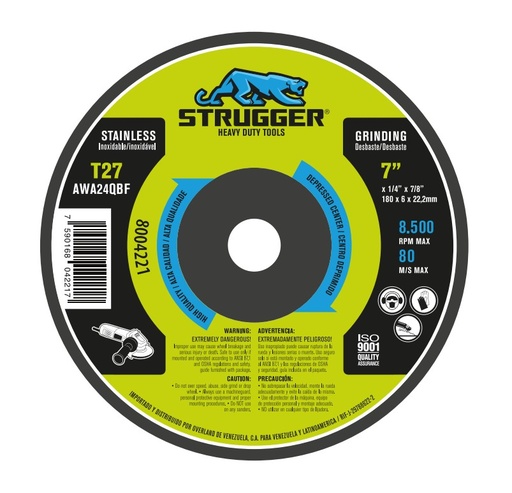 [DIS-STR-8004221] DISCO PARA DESBASTE DE 7" X 1/4" X 7/8" UNIDAD (ACERO INOXIDABLE) REF. 8004221 MARCA STRUGGER