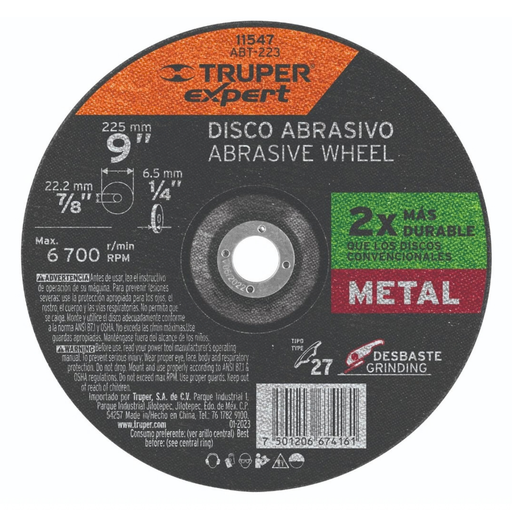 [DIS-TRU-11547] DISCO DESBASTE METAL TIPO 27 9" X 1/4" X 7/8" MOD.ABT-223 REF. 11547 MARCA TRUPER
