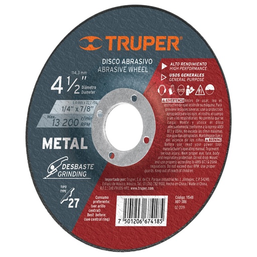 [DIS-TRU-11548] DISCO DESBASTE METAL TIPO 27 4 1/2" X 1/4" X 7/8" MOD.ABT-386 REF.11548 MARCA TRUPER