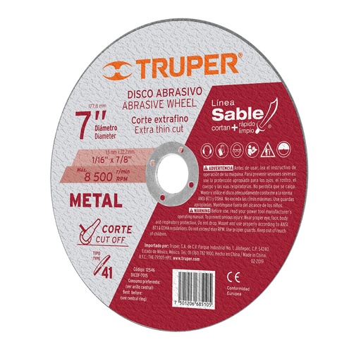 [DIS-TRU-11586] DISCO DE CORTE FINO TIPO 41 METAL 7" X 1.8 MM X 7/8" MOD.DICOF-7020 REF. 11586 MARCA TRUPER