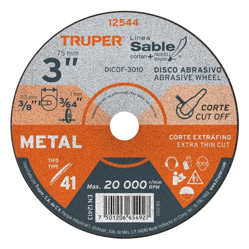 [DIS-TRU-12544] DISCO DE CORTE METAL 3" X 1" MOD. DICOF-3010 COD. 636342 PARA MOTOTOOLS REF. 12544 MARCA TRUPER