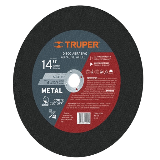 [DIS-TRU-12569] DISCO DE CORTE METAL/DESBASTE 4 1/2" X 1/8" X 7/8" MOD.ABT-556 REF.12569 MARCA TRUPER