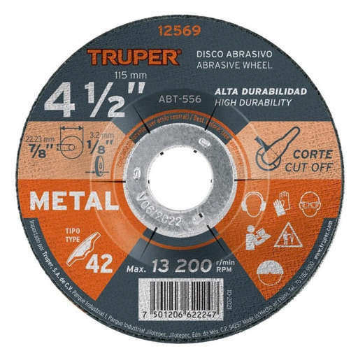[DIS-TRU-12569] DISCO DE CORTE METAL/DESBASTE 4 1/2" X 1/8" X 7/8" MOD.ABT-556 REF.12569 MARCA TRUPER