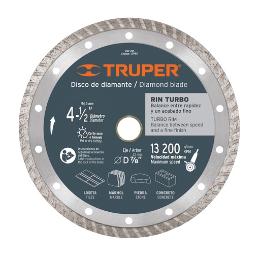[DIS-TRU-12980] DISCO DE DIAMANTE CORTE RIN TURBO 4 1/2" MOD. DDT-1513T / DID-245 REF.12980 MARCA TRUPER