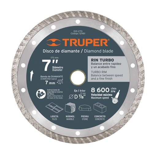 [DIS-TRU-12981] DISCO DE DIAMANTE CORTE RIN TURBO RANURADO 7" MOD.DDT-1527T REF.12981 MARCA TRUPER