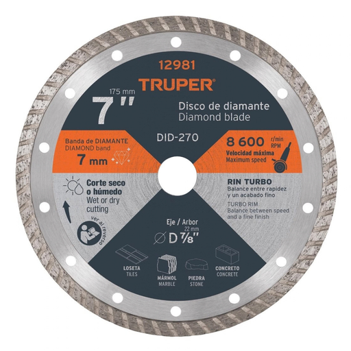 [DIS-TRU-12981] DISCO DE DIAMANTE CORTE RIN TURBO RANURADO 7" MOD.DDT-1527T REF.12981 MARCA TRUPER