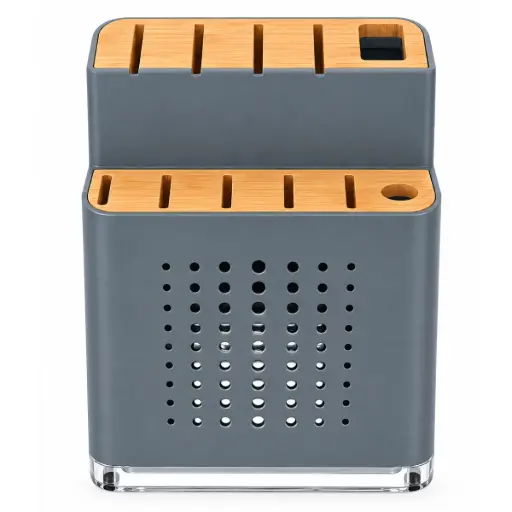 [ESC-BAR-CUB.03.01] ESCURRIDOR DE CUCHILLOS COLOR GRIS / MADERA BAMBU REF. CUB.03.01 MARCA BARI