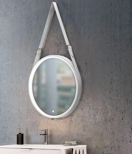 [ESP-KUB-KUBO60GHBLE] ESPEJO DE BAÑO REDONDO 60 CM MOD. GIRO C/ HEBILLA - CUERO BLANCO/ LUZ BLANCA SENSOR TOUCH MARCA KUBO