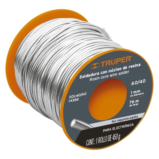 [EST-TRU-14366] ESTAÑO / SOLDADURA 1MM X 76MT CON NUCLEO DE RESINA 60/40 PARA ELECTRONICA MOD.REF.14366 MARCA TRUPER