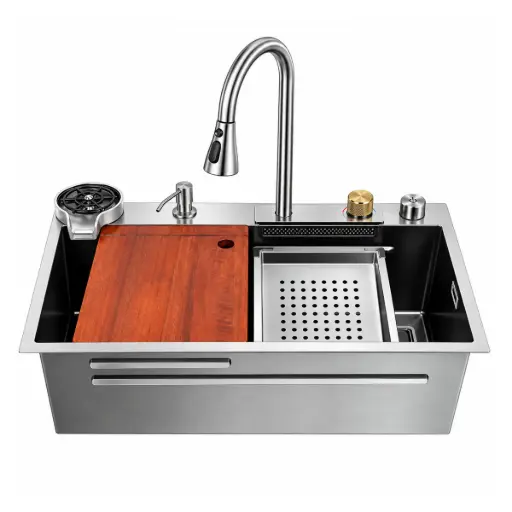 [FRE-BAR-FRE.01.12] FREGADERO DE 1 TINA ACERO INOX SOBRE TOPE/EMPOTRAR 75 X 46 X 22CM C/ACCESORIOS BRUSHED BARI