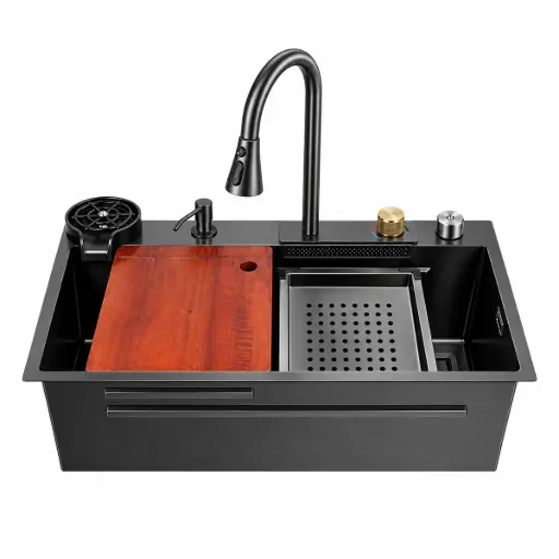 [FRE-BAR-FRE.01.13] FREGADERO DE 1 TINA ACERO INOX SOBRE TOPE/EMPOTRAR 75 X 46 X 22CM C/ACCESORIOS NEGRO BARI