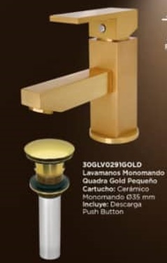 [GRI-FP-30GLV0291GOLD] GRIFERIA MONOMANDO BAJO P/LAVAMANOS GOLD / DORADO SERIE QUADRA C/DESAGUE REF. 30GLV0291GOLD MARCA FP
