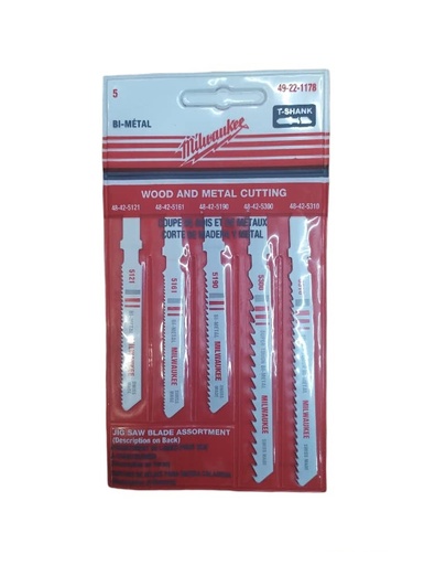 [HOJ-MIL-48-22-1178] JUEGO DE HOJAS PARA SIERRA CALADORA 5 PZAS P/ MADERA-METAL REF.MET-48-22-1178 MARCA MILWAUKEE