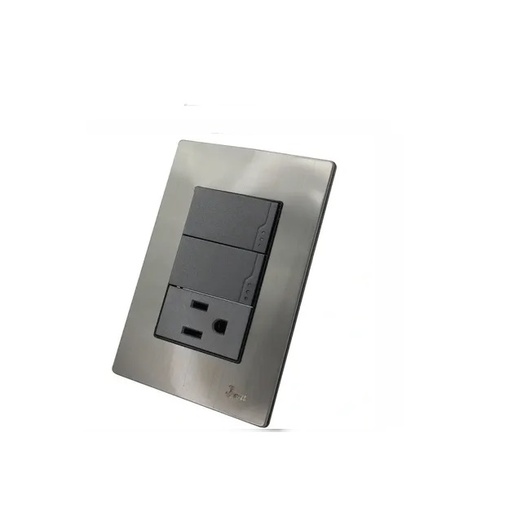 [INT-BAR-INT.02.12] INTERRUPTOR DOBLE+TOMACORRIENTE C/TIERRA SERIE INOX COLOR ACERO INOXIDABLE REF. INT-02.12 MARCA BARI