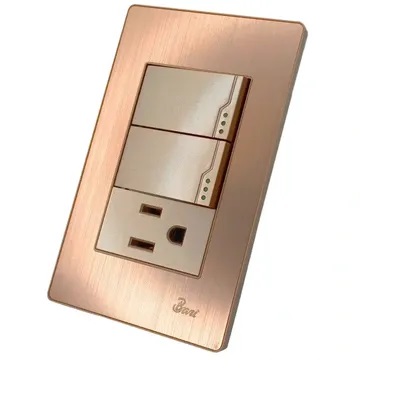 [INT-BAR-INT.03.12] INTERRUPTOR DOBLE + TOMACORRIENTE C/TIERRA SERIE OTTONE COLOR BRUSH GOLD REF. INT-03.12 MARCA BARI