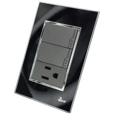 [INT-BAR-INT.05.12] INTERRUPTOR DOBLE + TOMACORRIENTE C/TIERRA SERIE NERO COLOR NEGRO C/CROMADO REF.INT-05.12 MARCA BARI
