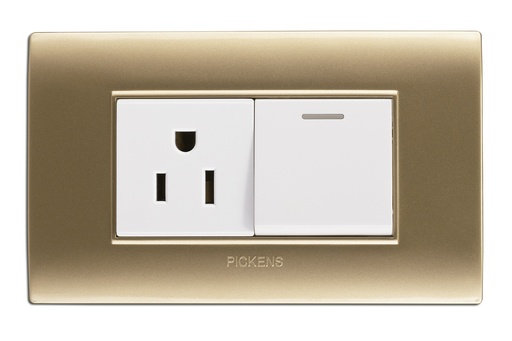 [INT-PIC-118K07CHBL] INTERRUPTOR SENCILLO + TOMA CORRIENTE COLOR CHAMPAGNE / BLANCO REF. 118K-07-CHBL MARCA PICKENS
