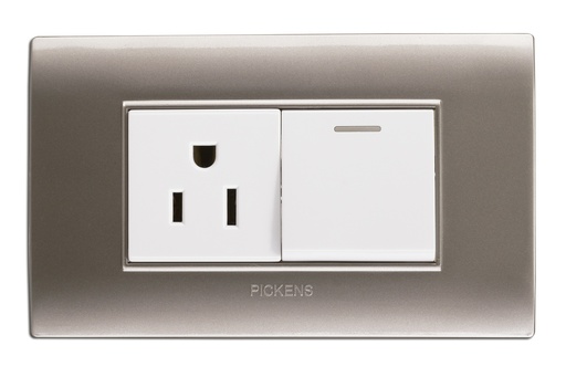 [INT-PIC-118K07PLBL] INTERRUPTOR SENCILLO + TOMA CORRIENTE COLOR PLATA / BLANCO REF. 118K-07-PLBL PICKENS