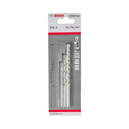 [JUE-BOS-2608590127] JUEGO DE BROCAS CONCRETO 3/16-15/64-5/16" 5-6-8MM CYL-1 REF. 2608590127 / 871912/ 438094 MARCA BOSCH