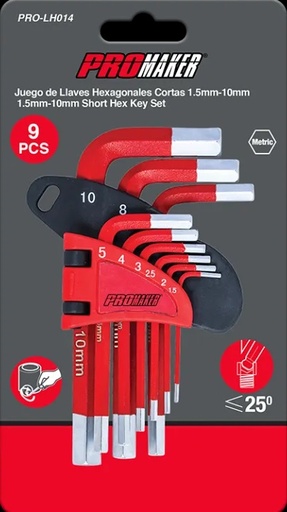 [JUE-PRO-LH014] JUEGO DE LLAVE HEXAGONAL DE 9 PZAS (1.5 MM A 10 MM) EN CLIP REF. PRO-LH014 MARCA PROMAKER