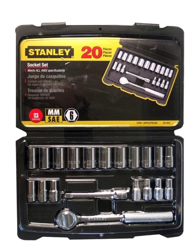 [JUE-STA-92802] JUEGO DE DADOS / AUTOCLET MALETIN DADOS CORTOS 1/4" SAE/MM 20 PZAS REF. 92802 MARCA STANLEY