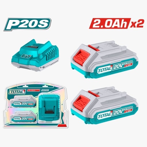 [JUE-TOT-UTFBCPK1222] JUEGO DE 2 BATERIAS DE LITIO DE 2.0 AH + CARGADOR RAPIDO 20V REF. UTFBCPK1222 / 228390 MARCA TOTAL TOOLS