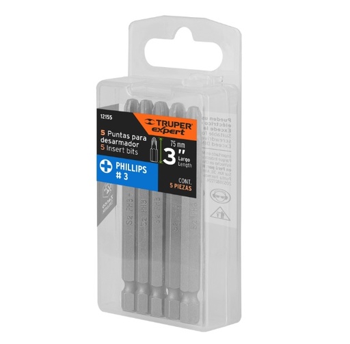 [JUE-TRU-12155] JUEGO DE PUNTAS ESTRIA 3" PH3 5 PZAS MOD. PUDE-1303 REF. 12155 MARCA TRUPER