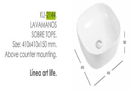 [LAV-KUB-KU-2144] LAVAMANOS SOBRE TOPE CUADRADO 410 MM X 410 MM X 150 MM COLOR BLANCO REF. KU-2144 MARCA KUBO